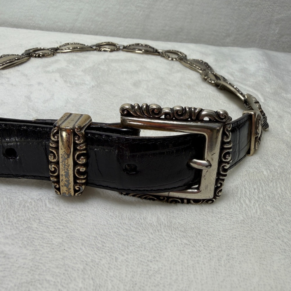 Brighton Vintage 1996 Silver Floral Engraved Chain Link Concho Leather Belt M